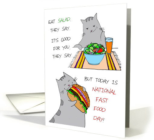 Fast Food Day - Kitty with a Salad and a Hamburger card (1455538)