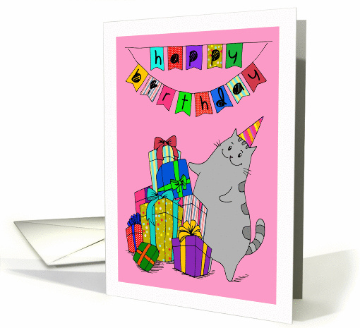 Happy Birthday for a Girl - Cute Kitty with a Pile of Gifts card