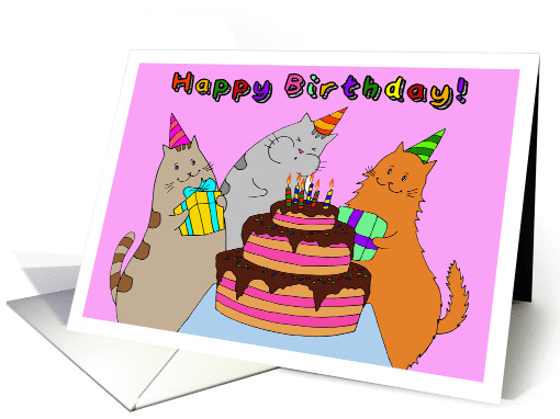 Girl Birthday - Cute Kitty with Cake and Friends card (1457178)