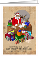 Christmas - Santa with a Deer and a Pile of Gifts card