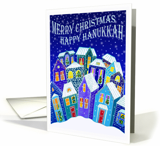Chrismukkah - Winter Town with Christmas Decorations & Menorahs card