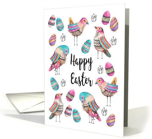 Happy Easter Boho Style Cute Birds Eggs Flowers Pink Blue White card