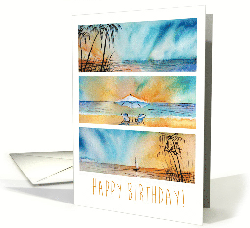 Happy Birthday Beach Ocean Seaside Sunset Watercolor card (1532672)