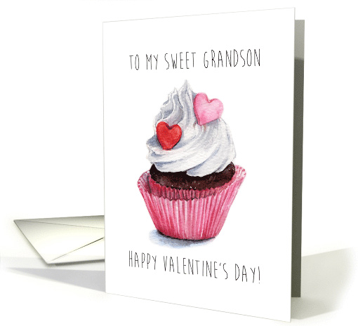 Valentine's Day Cupcake for Grandson - Watercolor Illustration card