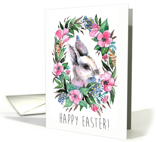 Happy Easter Cute Watercolor Bunny and Flower Vignette card (1555890)