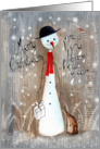 Christmas Snowman with a Present standing next to a Little Hedgehog card
