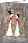 Cute Christmas Snowman and Snow-woman for Couple Holding Hands and Smiling card