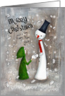 Adorable Christmas Snowman giving a Little Girl a Present. card