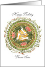 Happy Birthday Dearest Sister, with White Hares, Mandala and Flowers card