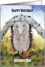 Hedgehog helping a little Snail under a Rope, Son Birthday card