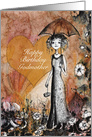Happy Birthday Godmother, Lady with Umbrella, Heart and Flowers card