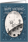 Happy Birthday, Foster Son, Robot with Duck and Bird on the Moon card