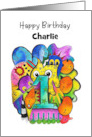 Happy First Birthday Cute Doodle Custom Name Children’s Birthday card