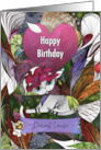 Happy Birthday Dearest Cousin White Cat with Flowers and Pink Hat card