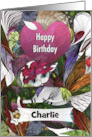 Happy Birthday Custom Name Charlie White Cat with Flowers and Hat card