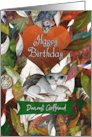 Happy Birthday Dearest Girlfriend Grey and White Cat with Leaves card