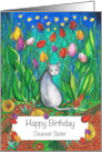 Happy Birthday Dearest Sister Grey Cat sitting by tulips card