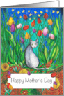 Happy Mother’s Day Grey Cat sitting by tulips card