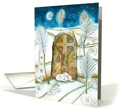 Winter Warmth, Hare with Standing Stone, Blank Card, Pagan card