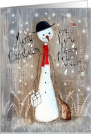 Christmas Snowman with a Present standing next to a Little Hedgehog card