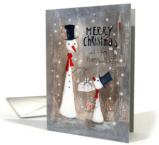 Christmas Snowman giving a Present to a Snow Child card (1458882)