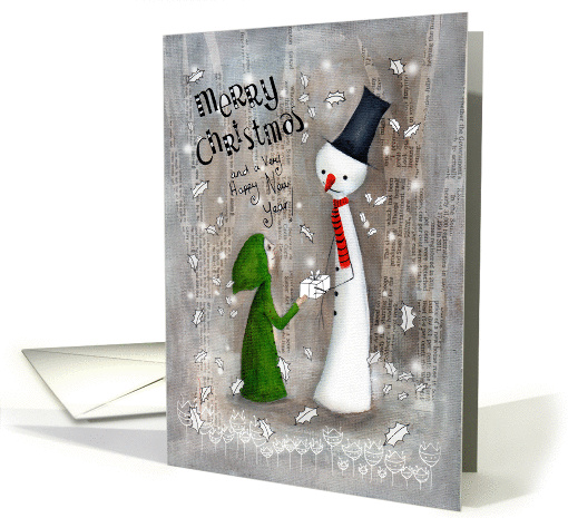 Adorable Christmas Snowman giving a Little Girl a Present. card