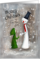 Adorable Christmas Snowman giving a Little Girl a Present. card