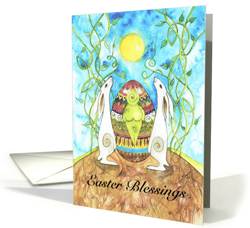 Easter Blessings with White Hares and Painted Easter Egg card