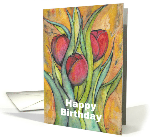 Happy Birthday with Red Tulips and Green Leaves card (1473494)