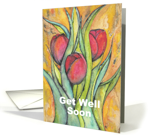 Get Well Soon with Red Tulips and Green Leaves card (1474892)