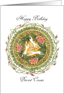 Happy Birthday Dearest Cousin, with White Hares, Mandala and Flowers card