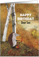 Hedgehog Pointing and Snail Sitting on a Hill, Son Birthday card