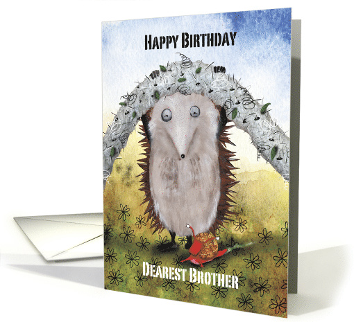 Hedgehog helping a little Snail under a Rope, Brother Birthday card