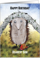 Hedgehog helping a little Snail under a Rope, Son Birthday card
