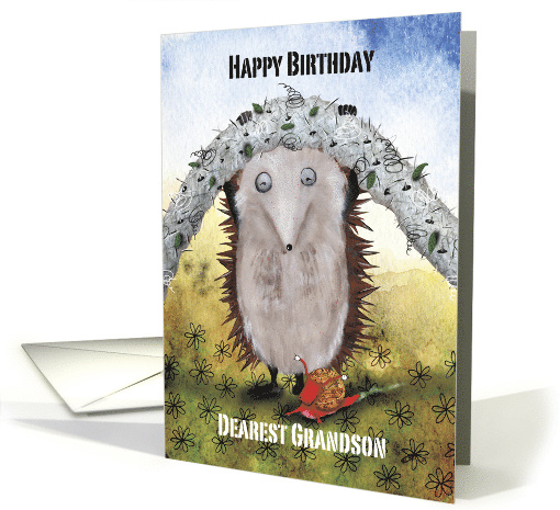 Hedgehog helping a little Snail under a Rope, Grandson Birthday card