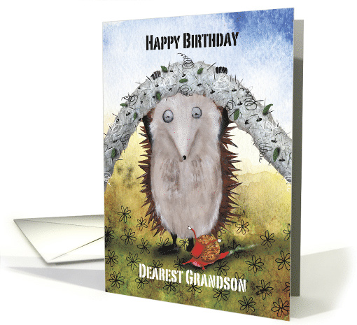 Hedgehog helping a little Snail under a Rope, Grandson Birthday card