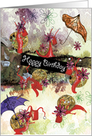 Jumping Snails with Umbrellas, Happy Birthday card