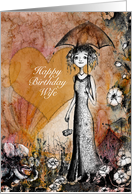 Happy Birthday Wife, Lady with Umbrella, Heart and Flowers card