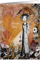 Thank You, Lady with Umbrella, Heart and Flowers card