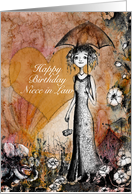 Happy Birthday, Niece in Law, Lady with Umbrella, Heart and Flowers card