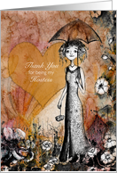 Thank You, Hostess, Lady with Umbrella, Heart and Flowers card