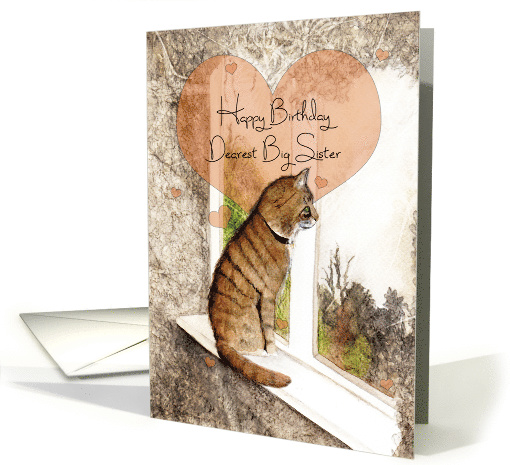 Happy Birthday, Dearest Big Sister, Tabby Cat and Hearts, Art card