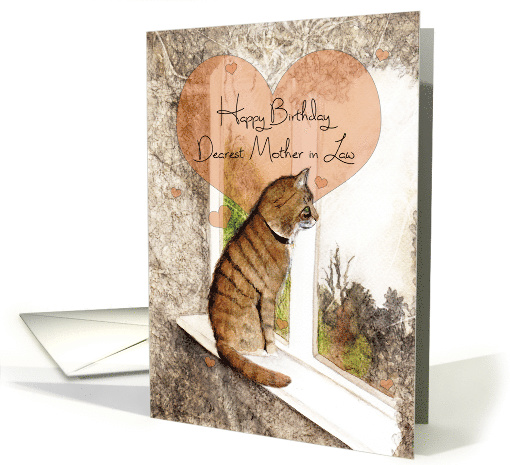 Happy Birthday, Mother in Law, Tabby Cat and Hearts, Art card