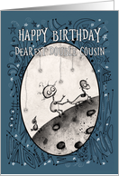 Happy Birthday, Double Cousin, Robot with Duck and Bird on the Moon card