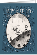 Happy Birthday, Foster Son, Robot with Duck and Bird on the Moon card