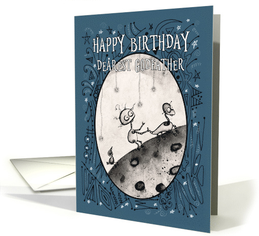 Happy Birthday, Godfather, Robot with Duck and Bird on the Moon card