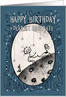 Happy Birthday, Roommate, Robot with Duck and Bird on the Moon, card