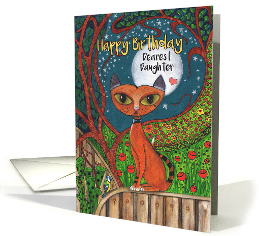 Happy Birthday, Daughter, Cat, Blue Tit Bird and Moon Art card