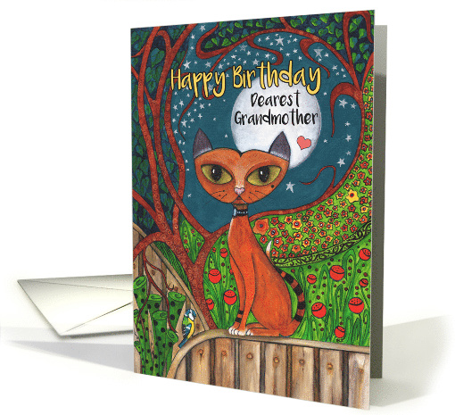 Happy Birthday, Grandmother, Cat, Blue Tit Bird and Moon card