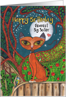 Happy Birthday, Big Sister, Cat, Blue Tit Bird and Moon card